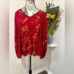 Maurices Red Floral Long Sleeve Balloon Sleeve Tunic Blouse Size Medium